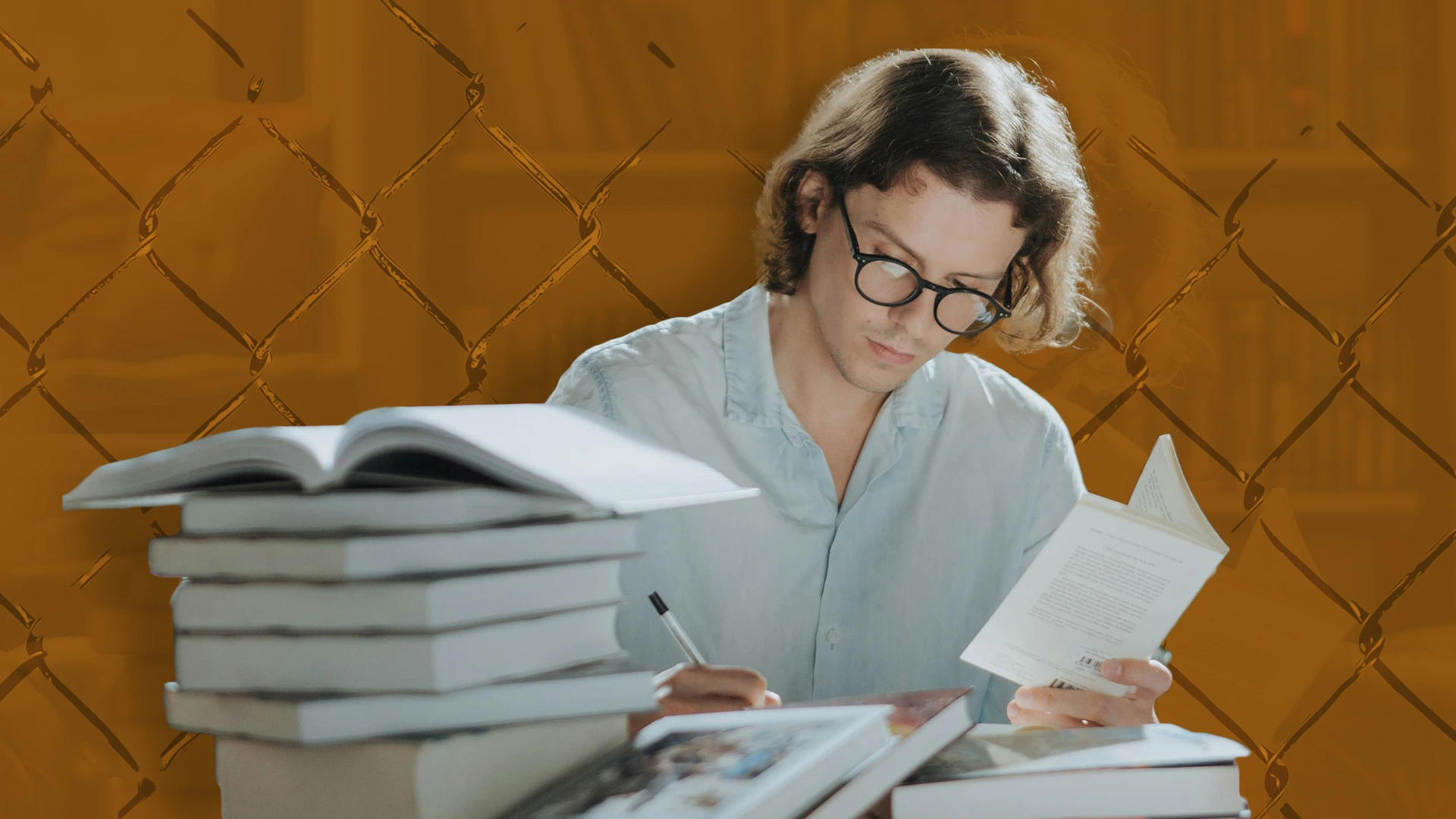 Medical-Students surrounded by books trapped in throught